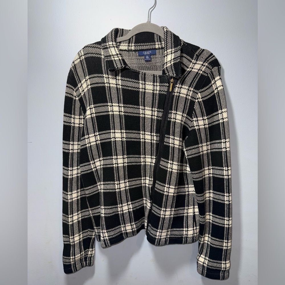 Chaps Women's Plaid Asymmetrical Moto Zip Sweater Jacket Size XL EUC